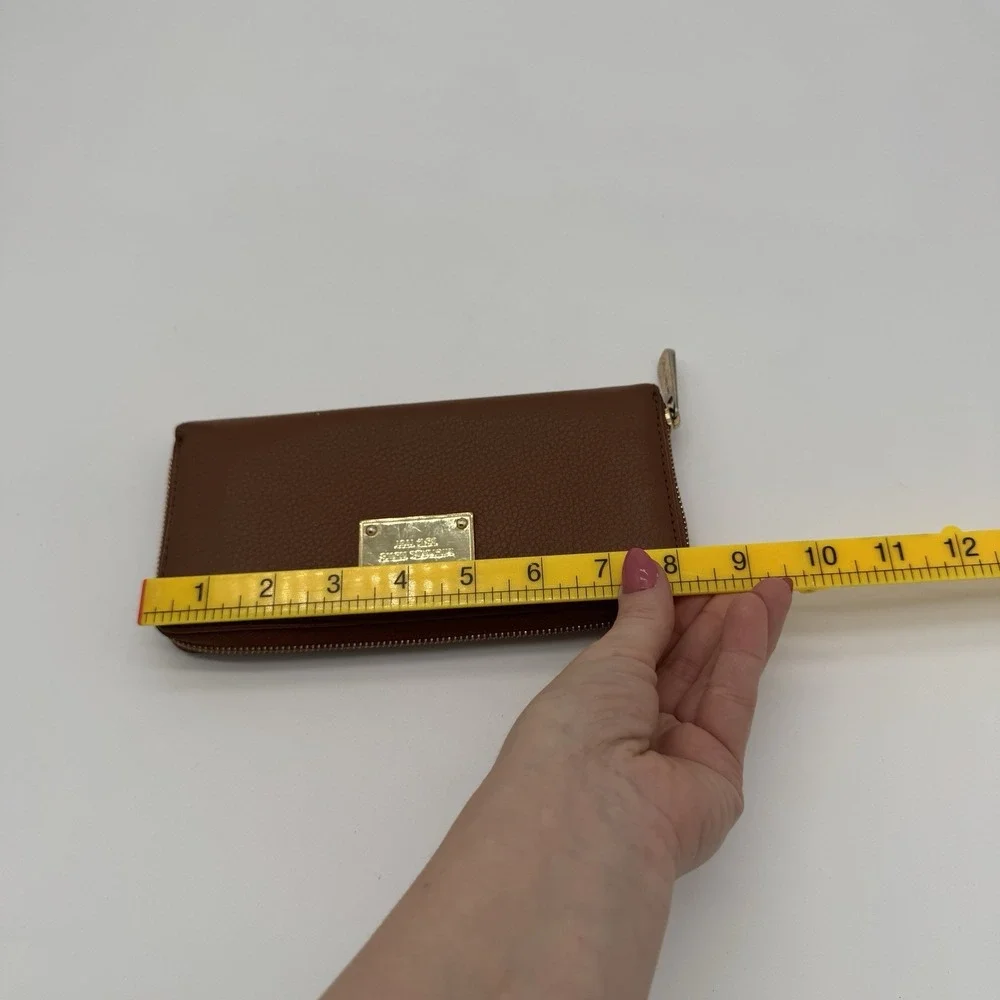 Michael Kors Jet Set Brown Pebbled Leather Zip Around Wallet Gold Logo‎